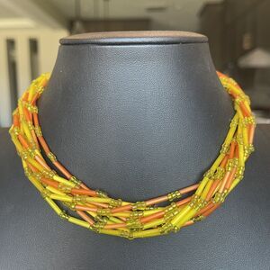 Vintage Japan Yellow Orange Seed Bead Multistrand Necklace Boho Festival Retro